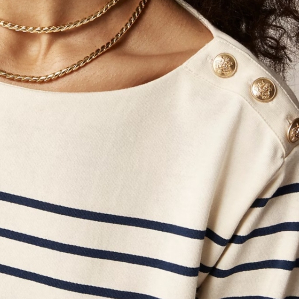 J. Crew Striped Cropped Boatneck Top Size Small Mariner Cotton Button Shirt - Picture 2 of 12